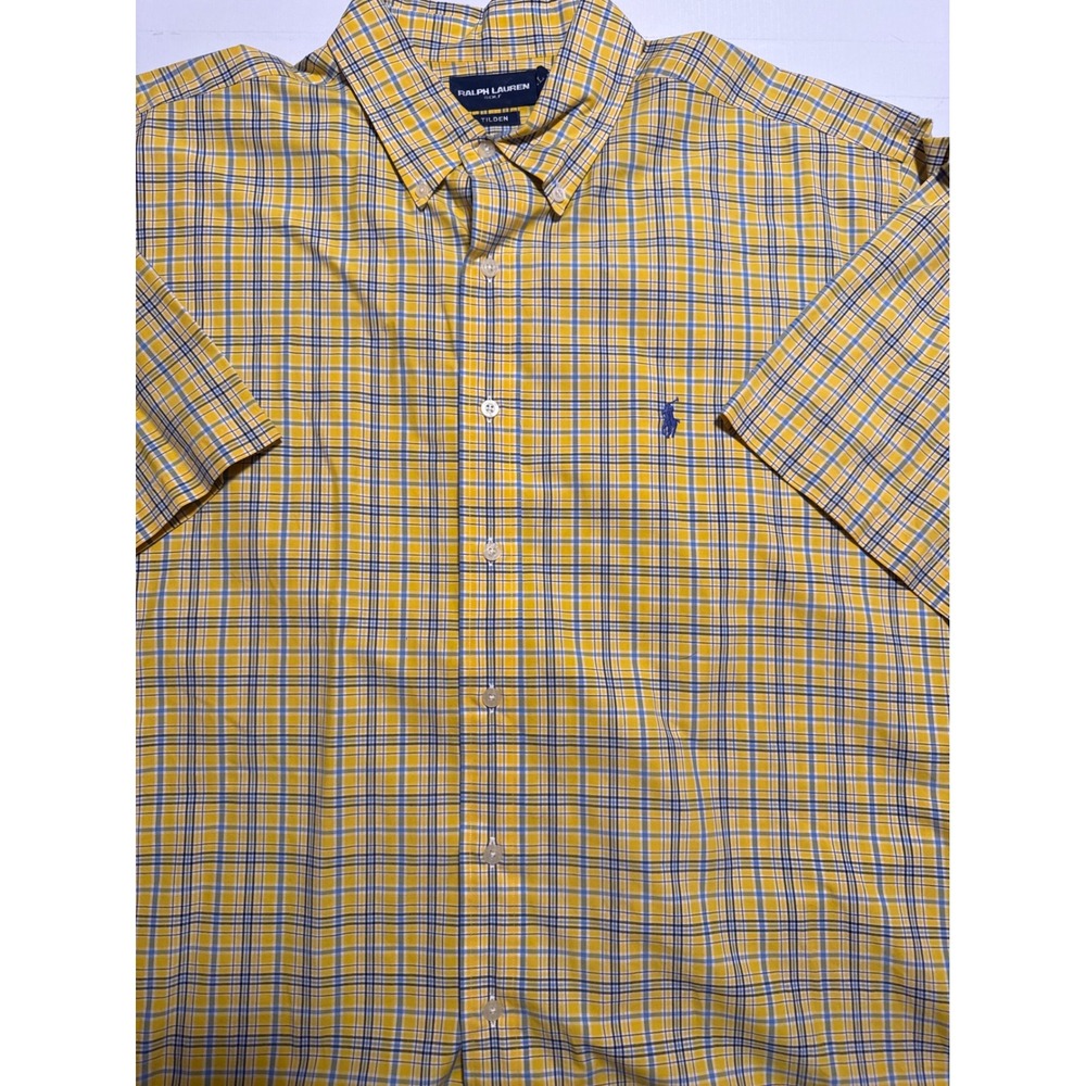 Ralph Lauren Golf Tilden Shirt Mens XL‎ Yellow Blue Plaid Short Sleeve Button Up